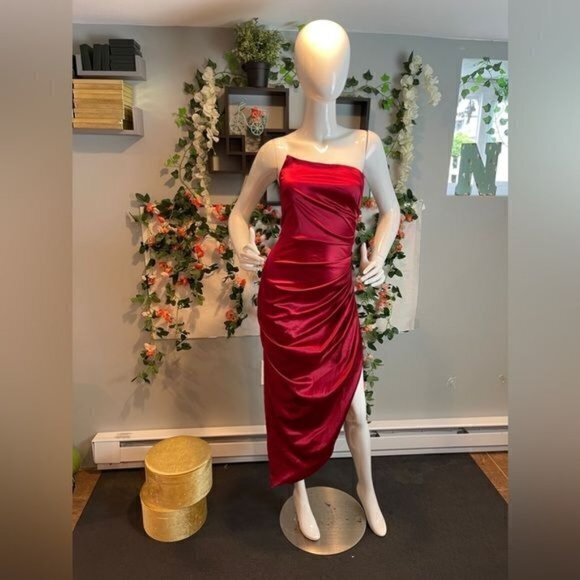 Strapless Asymmetrical Corset Satin Evening Dress One shoulder Red M RfI036-2 - Picture 2 of 11